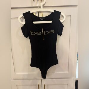 Bebe Gold Stud Logo Cold Shoulder Black Bodysuit